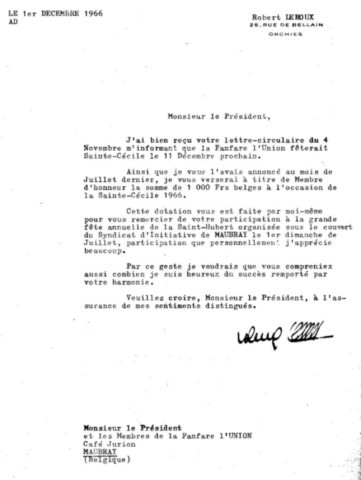 Lettre de Robert LEROUX à la Fanfare l´Union
